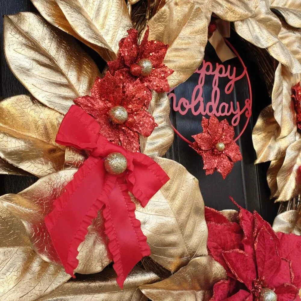Christmas Handmade Red Flower Gold Wreath Home Office Decor Door Wall Hanger